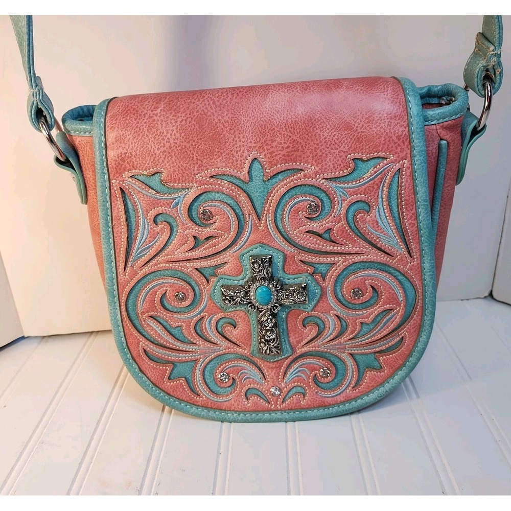 P & G Embellished Western Cross Rhinestone Pink Turquoise Concealed Carry Purse